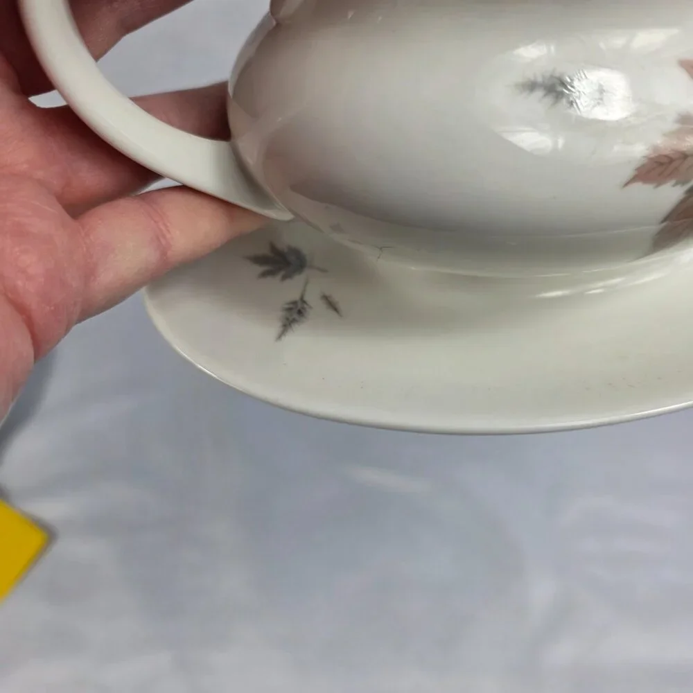 Royal Doulton Tumbling Leaves Gravy Boat & Underplate Gray & Pink Leaves